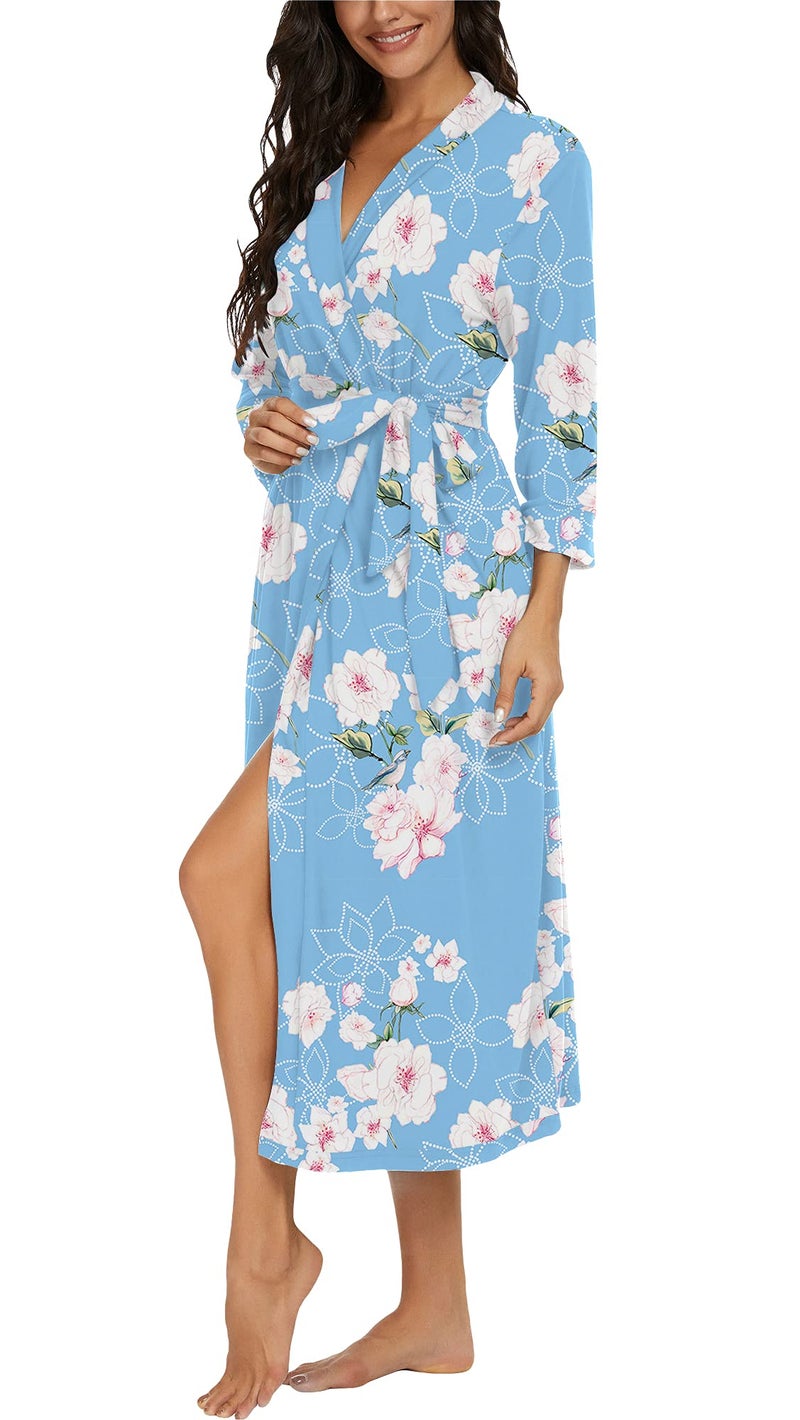 VINTATRE Women Kimono Robes Long Knit Bathrobe Lightweight Soft Knit Sleepwear V-neck Casual Ladies Loungewear FP-Light Blue-X-Large - Image 4